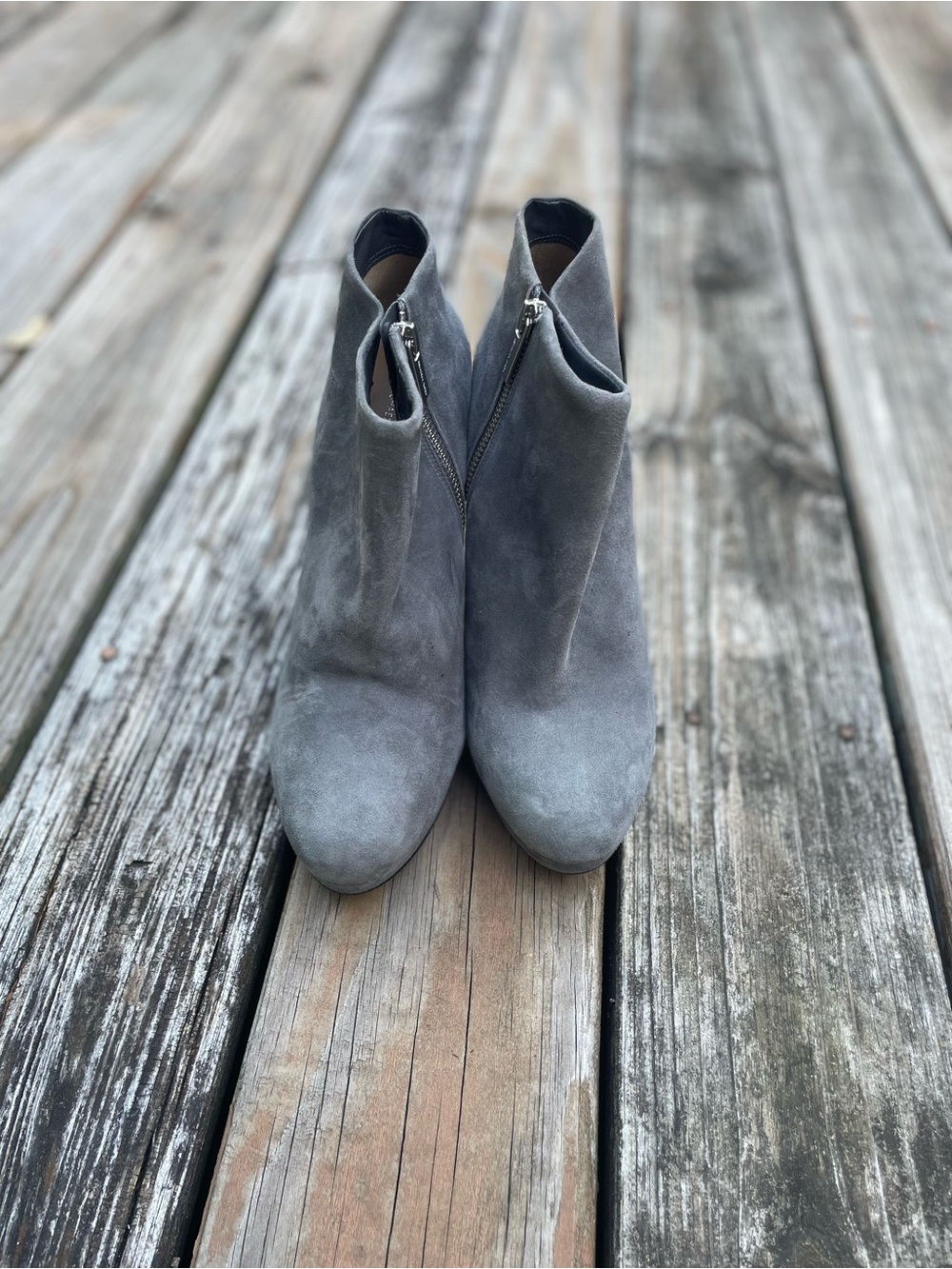 Michael Kors Gray Suede Zip Ankle Booties with a 5 inch block heel